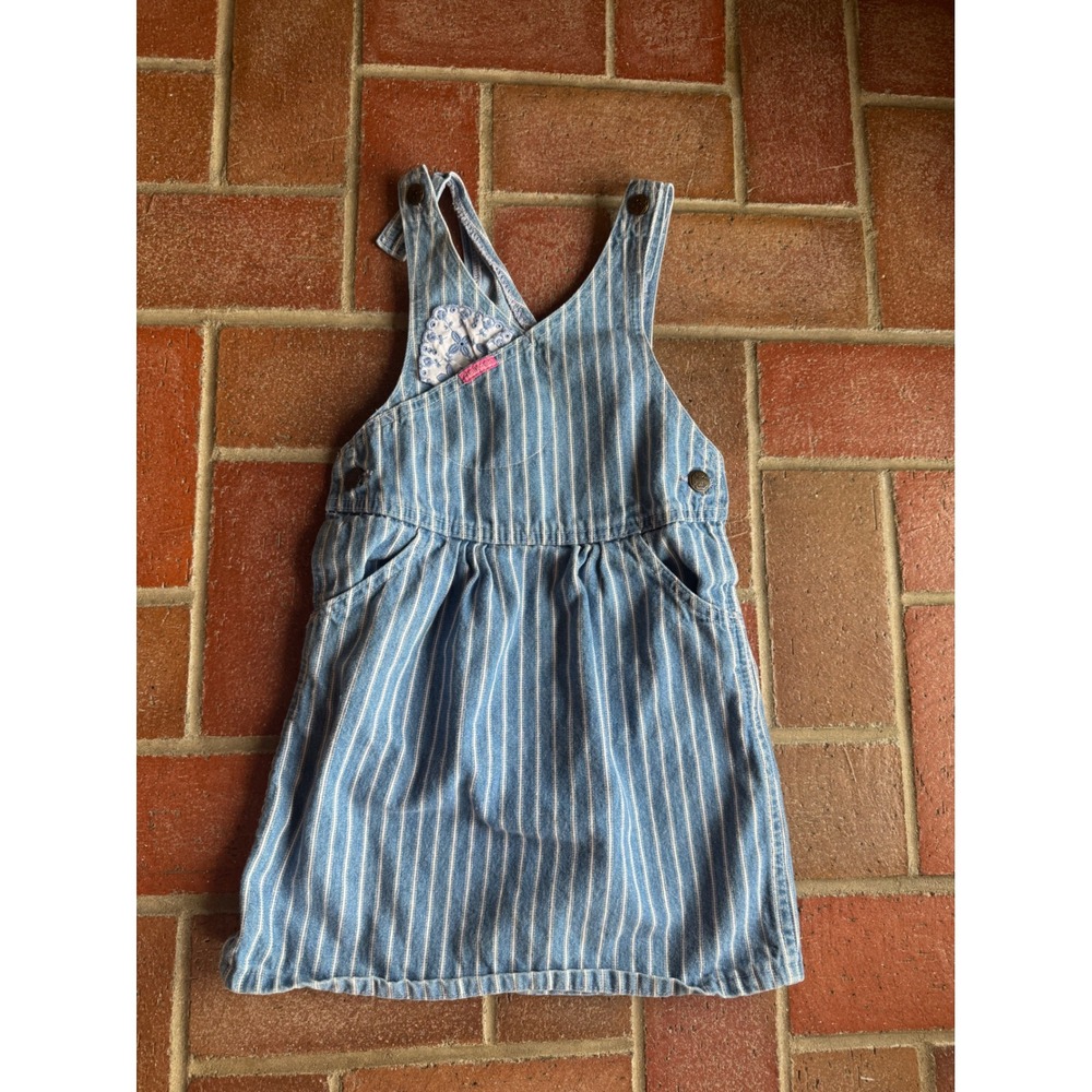 Vintage OshKosh Bgosh‎ Girls Blue White Hickory Stripe Denim Jumper Dress Size 6